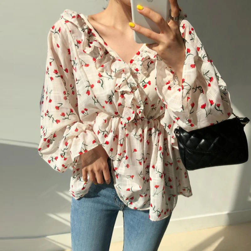 

romantic little flower print elastic waist blouse ruffles flare sleeve shirt women top chemise femme chemisier blusa mujer camis