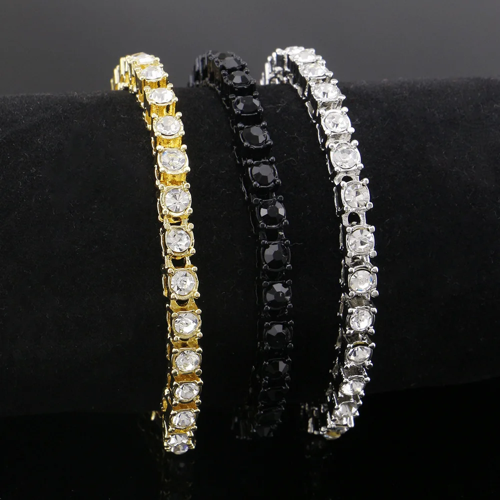 

Hip Hop Bling Iced Out Cubic Zirconia Bracelet Tennis Chain Bracelets Women Men 1 Row 5mm Link Chain Jewelry Gold Silver Black