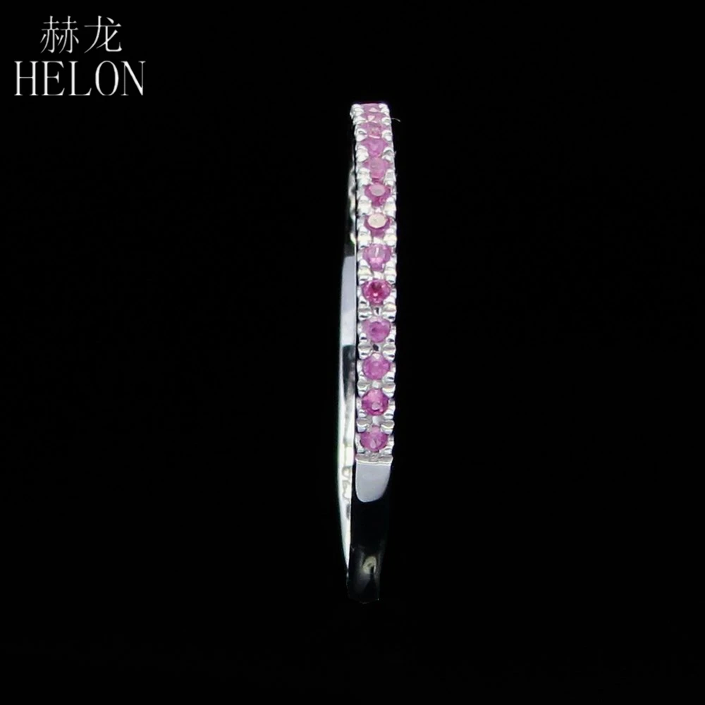 HELON Твердые 10 к белое золото стекируемые проложить Блестящий Природный розовый сапфир обручальное кольцо драгоценный камень кольцо на свадебный юбилей