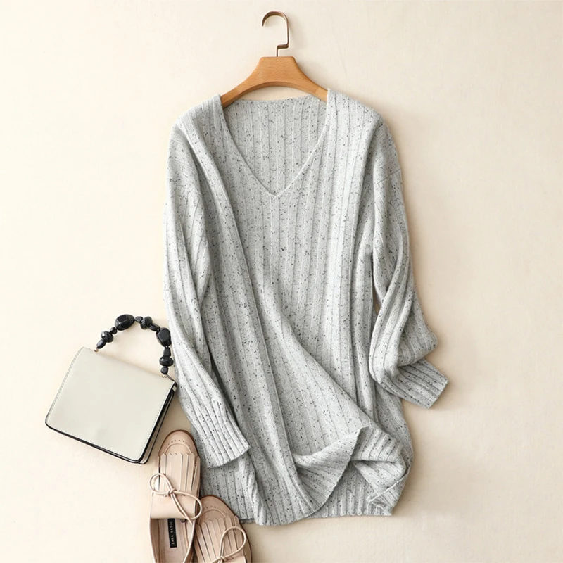 

New Arrival Autumn Winter 100% Cashmere V Neck Sweater Long Pullovers Female Rib Knitting Loose Styles Long Sleeve Shirt Women