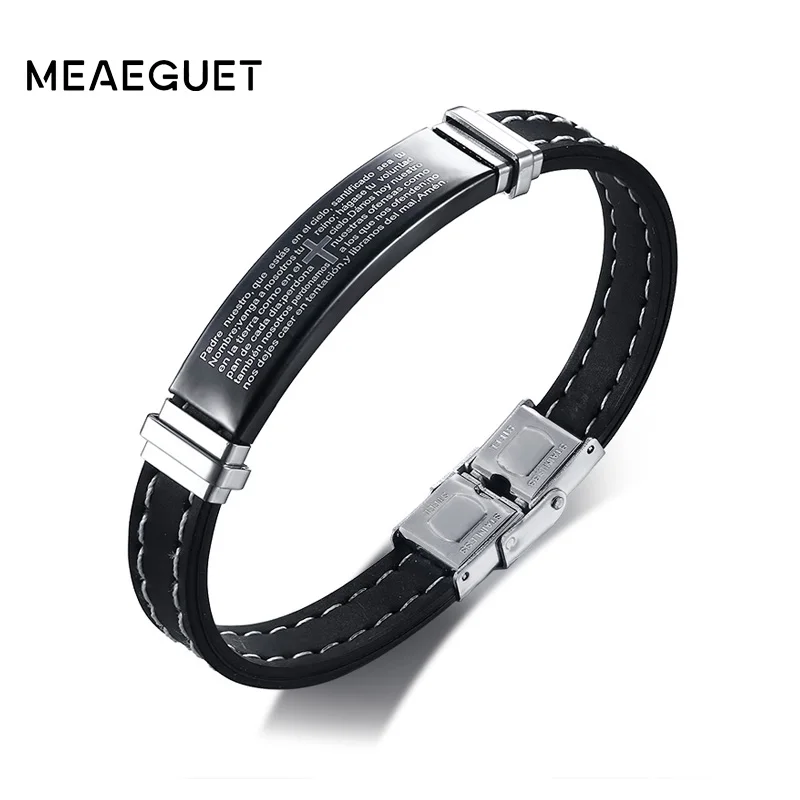 

Meaeguet Stainless Steel Cross Bible Charm Bracelet Men High Quality Black Silicone Wristband Religious Prayer Jewelry 13mm Wide