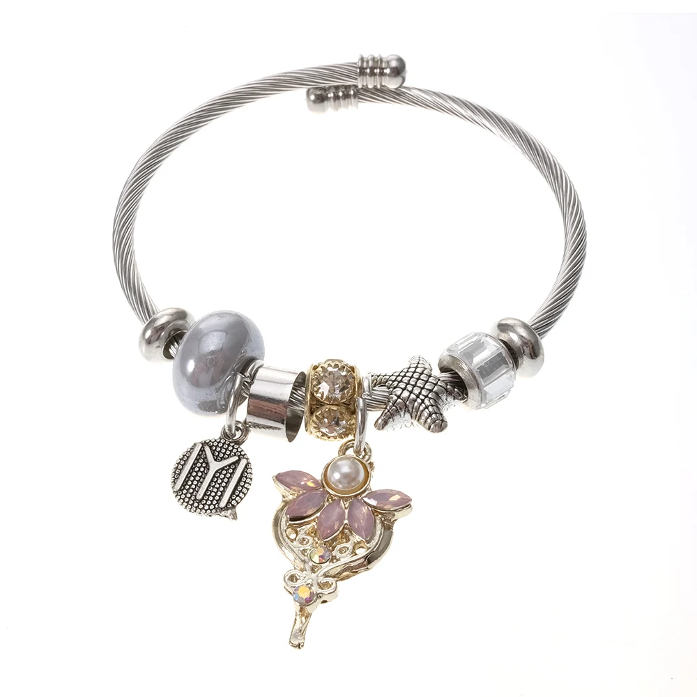 

BeUrSelf Adjustable Stainless Steel Bangle Crystal Star Rhinestone Initial Charm Open Ended Bracelet & Bangle for Girl Jewelry
