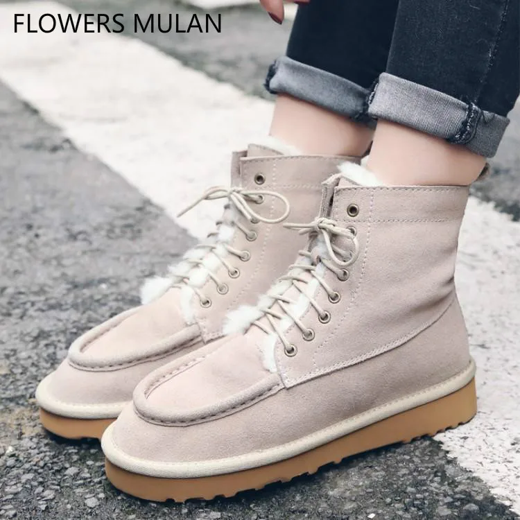 

Black Grey Flock Upper Ankle Boots For Women Round Toe Flat Rubber Heel Snow Boots For Girl Sewing Cross Tied Zapatos De Mujer
