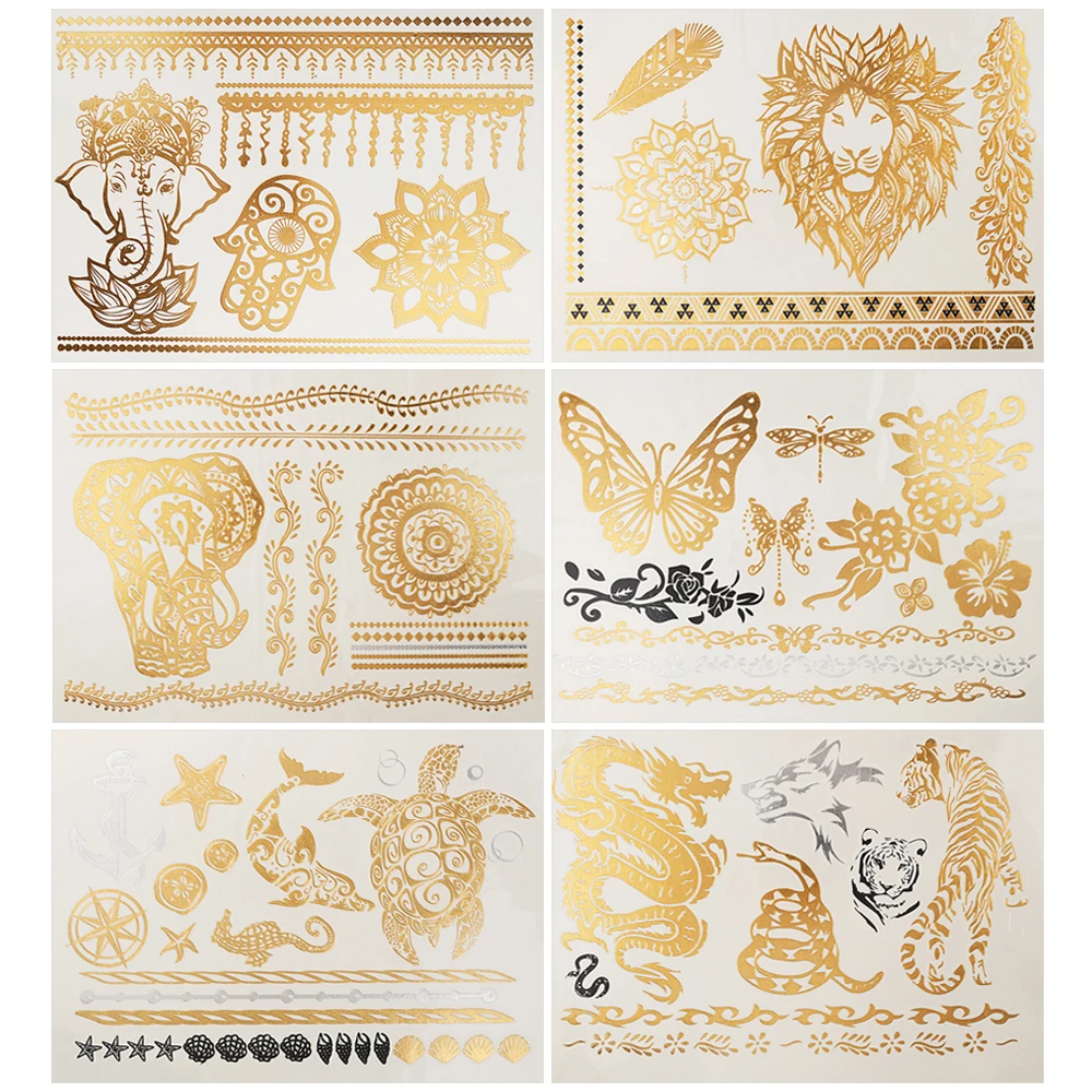 6 Pieces Metallic Tattoo Temporary Sticker Women DIY Body Art Dragon Elephant Design Water Transfer Metallic Tattoo Fake Sticker (1)