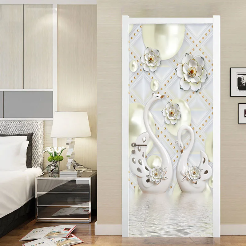 

PVC Self-Adhesive Waterproof Door Sticker European Style 3D Stereo Swan Flowers Wallpaper Luxury Home Decor Wall Decals Stickers
