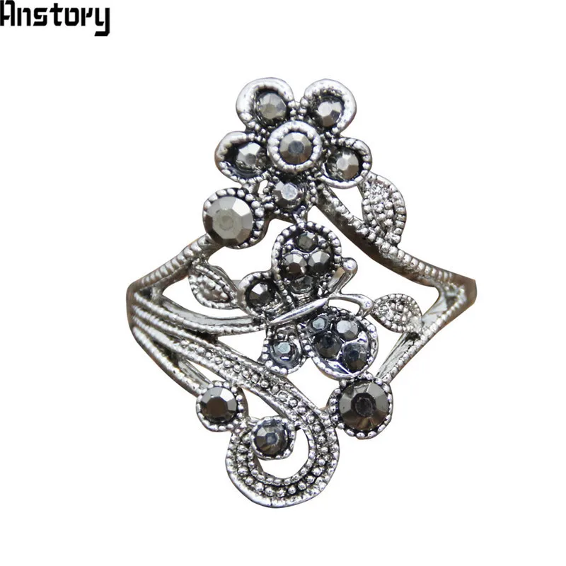 

Vintage Leaf Flower Rhinestone Rings For Women Antique Silver Plated Party Butterfly Rings Fashion Jewelry TR658