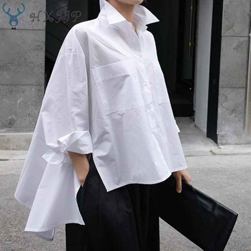 

HXJJP 2019 Spring and Summer New Shirt Female Korean Style Cotton Wild Casual Blouses and Tops Loose Pluz Size Women Clothing