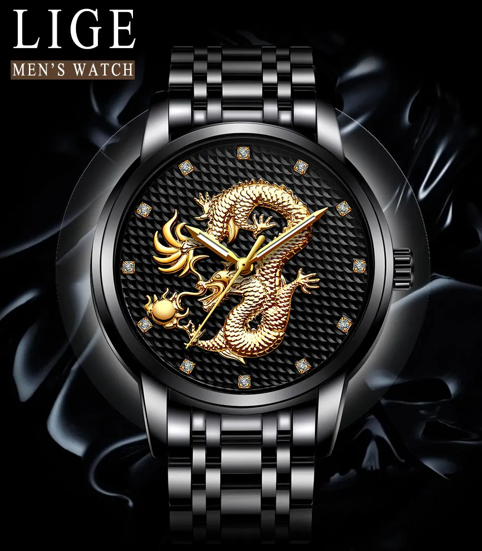 2021 LIGE New Golden Mens Watches Top Brand Luxury Chinese Dragon Watch Business Full Steel Quartz Clock Male Relogio Masculino