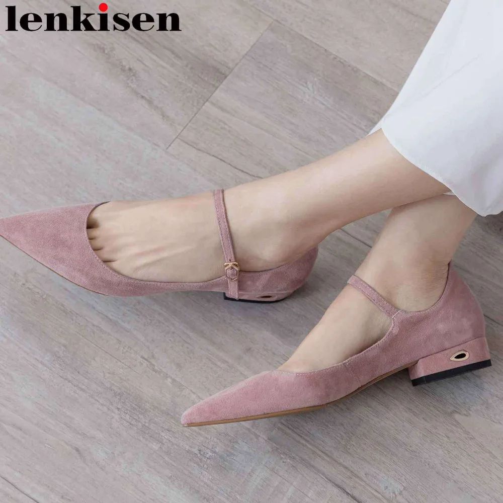 

Lenkisen concise style full grain leather buckle strap low heels pointed toe women pumps preppy style dating party shoes L27