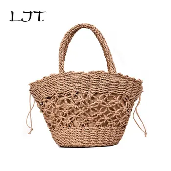 

LJT Rattan Bag Women 2019 Summer Straw Bag Fashion Beach Bag Handbags Handmade Woven Female Drawstring Basket Bag Shopping Purse