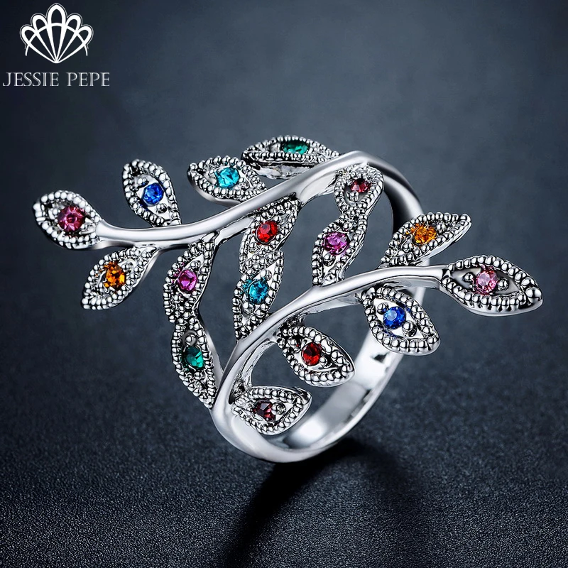 

Jessie Pepe 2017 New Arrival Size 5.5-9 Antique Leaves Ring with Multicolor Rhinstone for Women #J-A2315