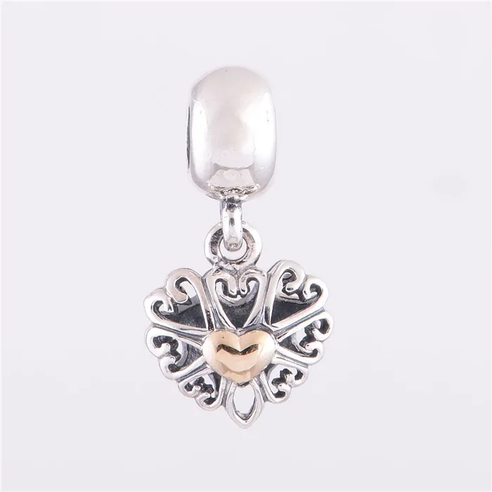 

100% Sterling Silver Beads Gold Color Heart Charm Fits Europe Charms Bracelets Women Silver Jewelry Wholesale