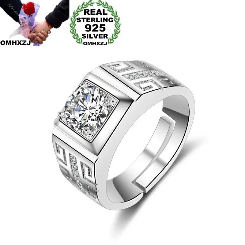 OMHXZJ европейские модные вечерние мужские свадебные подарки серебряный белый квадрат AAA Циркон 925 пробы Серебряное кольцо RR174