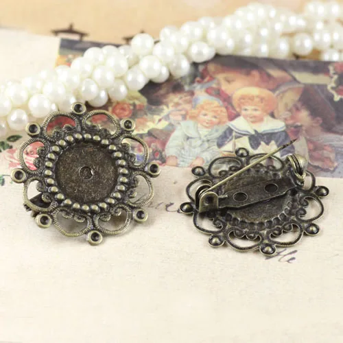 Retro Brooch Bases Pin Back 12mm Resin Cabochon Filigree Flower