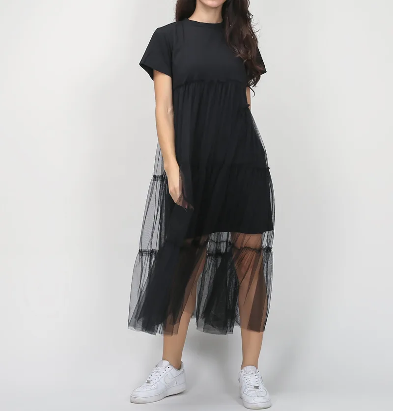 

Summer fashion Korean T shirt dress splicing pleated tulle mid-length dress