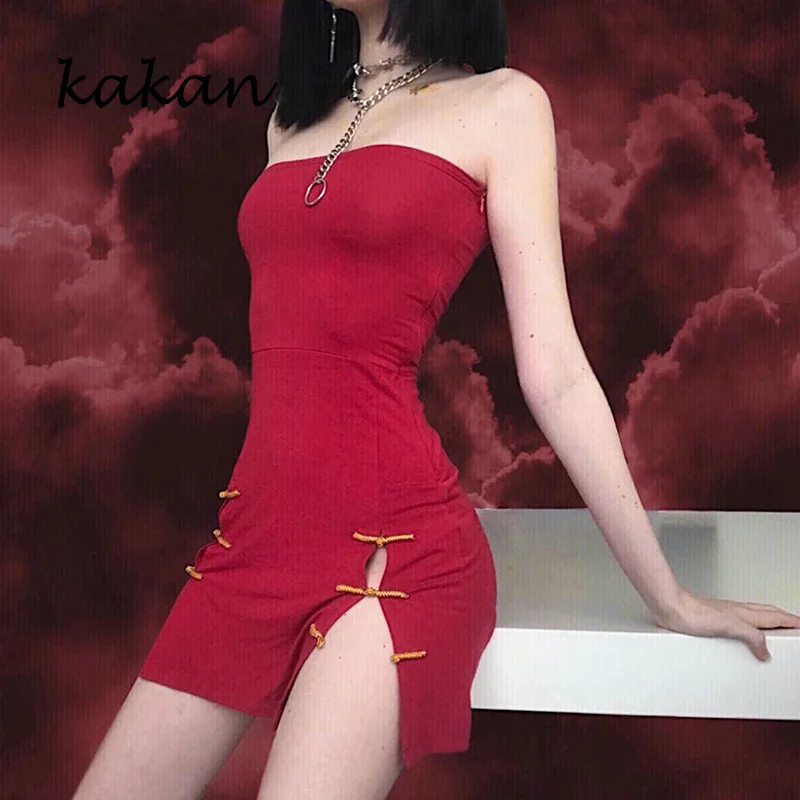 

Kakan summer hot sexy women's dress wrapped chest zipper dress irregular gold wire button bag hip dress