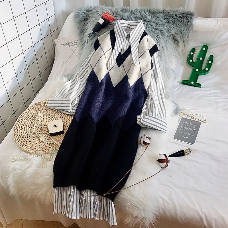 

New Spring Fashion V Neck Knitted Vests Medium-long Loose Plaid Sleeveless Knitting Vests Female Sweaters Dress Top