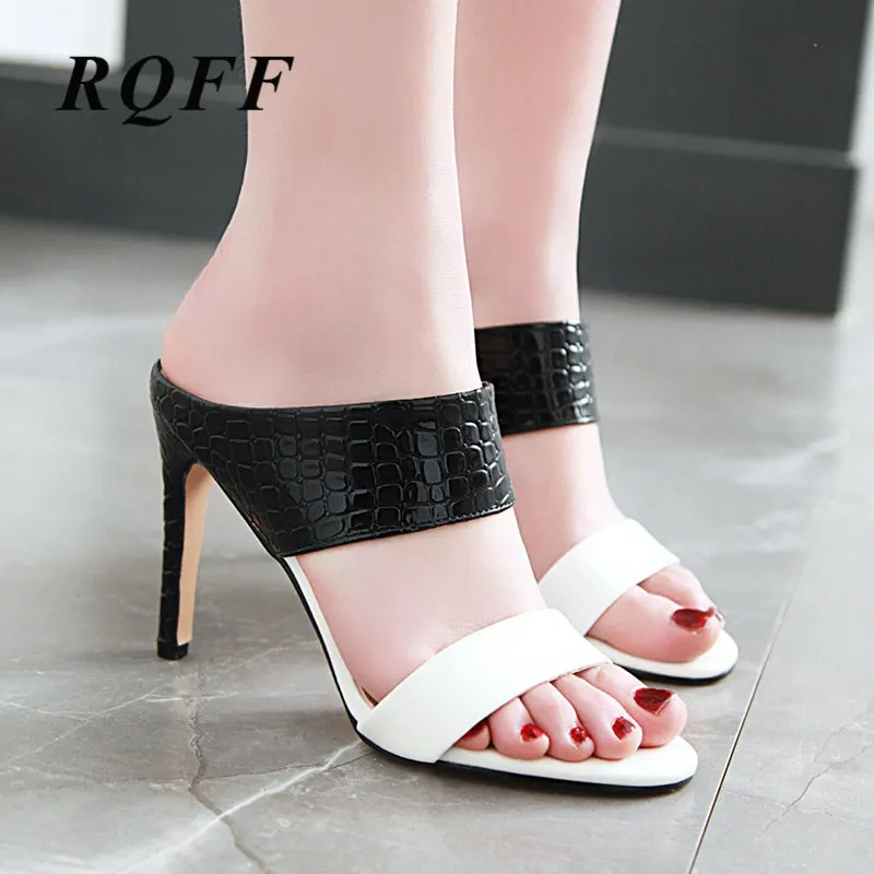 

RQFF Slippers Women Summer 2019 Thin Super Heel Large Size High Heels Shoes Woman Slides Sexy Peep Toe Rome Black White Sandals
