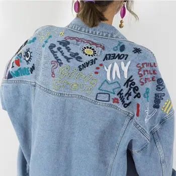 

Spring Summer of 2019 New Women's Embroidered Denim Jacket Behind Graffiti Loose Female Student Korean Style Fashion Jean Coats