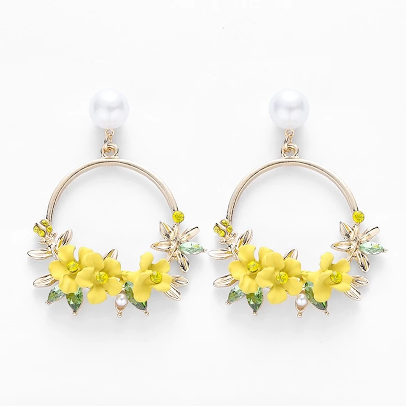 QCOOLJLY Trendy Cute Pink Yellow Flower Earrings For Women Girls Jewelry Female Rhinestone Gold Metal Round Circle Drop Earrings