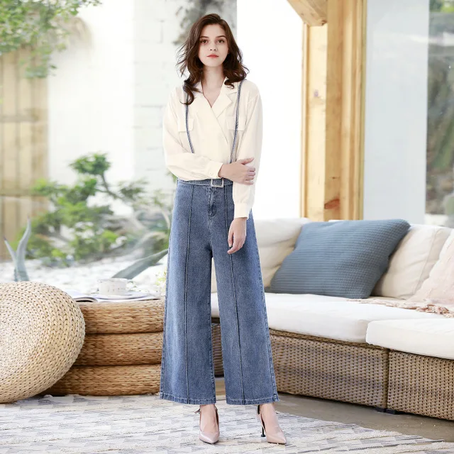 European and American women's high waist bib women's denim loose suspenders straight wide leg trousers European and American women's high waist bib women's denim loose suspenders straight wide leg trousers