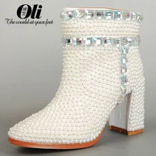 Натуральная кожа женские ботинки со стразами и жемчугом сапоги на высоком каблуке свадебные туфли принцессы свадебная обувь