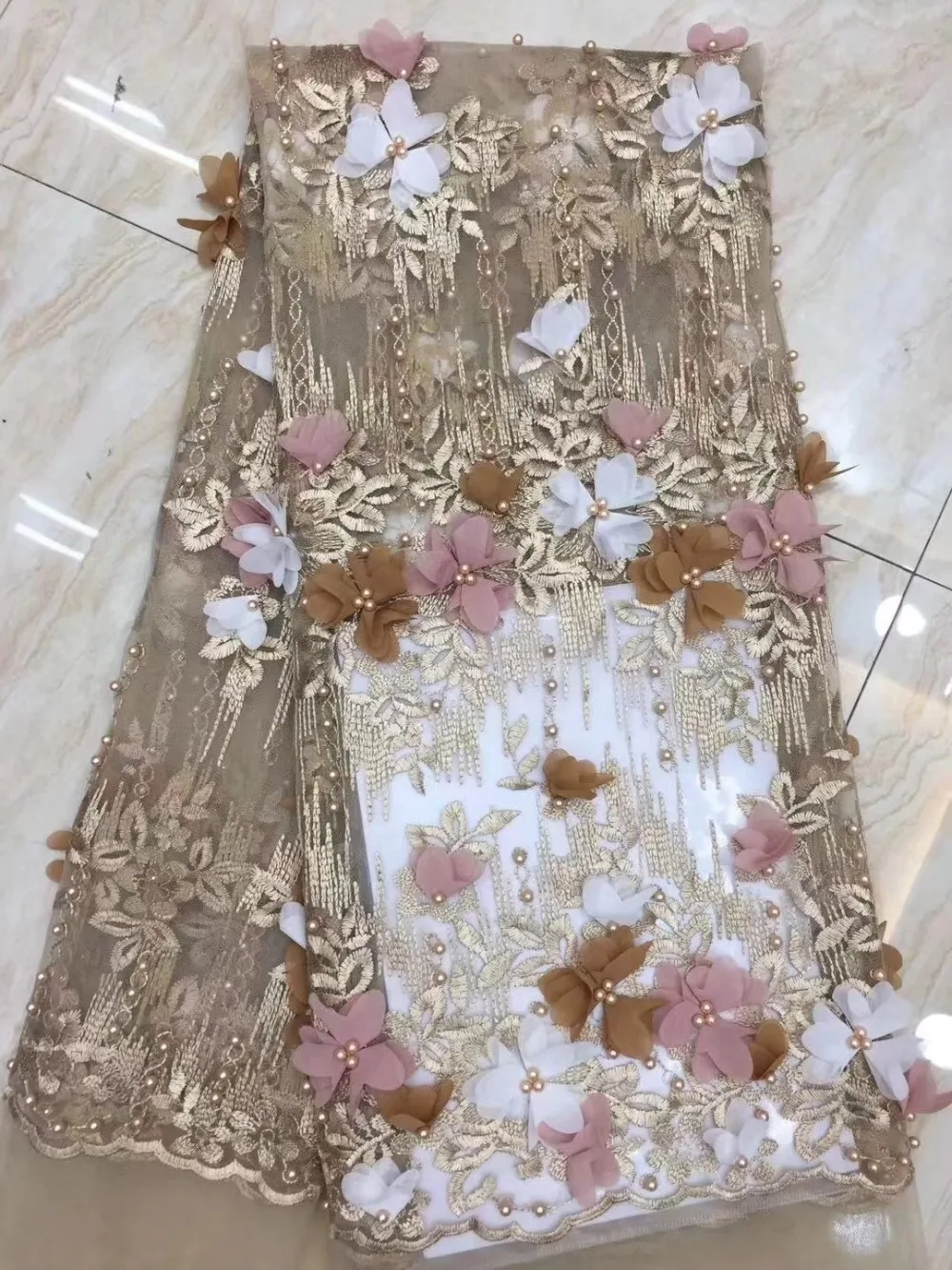 

2019 High Quality African Mesh lace fabric With pearl Tulle Lace Design Nigerian Lace Fabrics for wedding