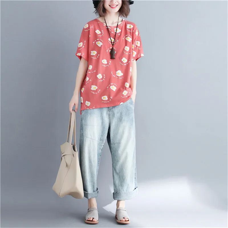 

Korean Style Oversize Summer Women Print Top O Neck Cotton Short Sleeve Elegant Tshirt Feminina Casual Loose Lady Kawaii T-Shirt