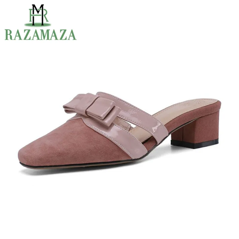 

RAZAMAZA Women Real Leather Sandals Sweet Butterfly-Knot Solid Color Shoes Women Fashion Daily Outdoor Slippers Size 33-40