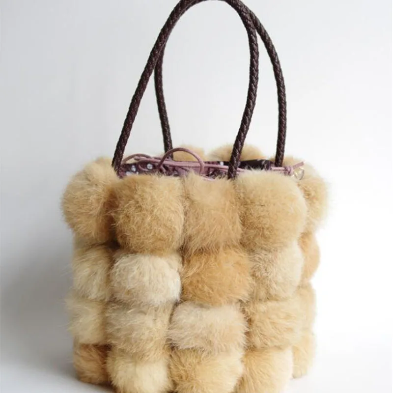 Spring/ Winter Women Handbags Real Rabbit Fur Bucket Bag Sweet Tote