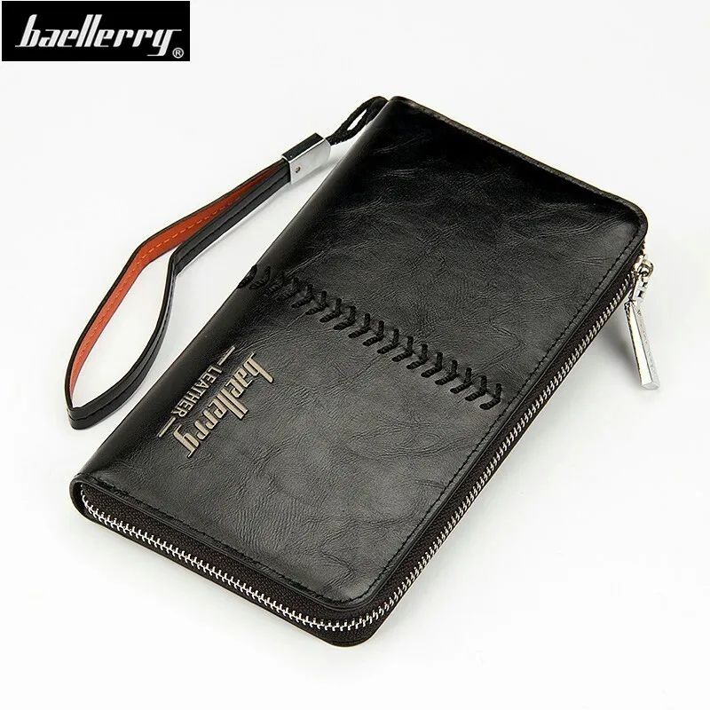 

Luxury bisiness Men Wallet High Capacity Clutch Bag Oil Wax Leather Men Clutch Wallet Coin Purse Male Wrist Strap thread Wallet