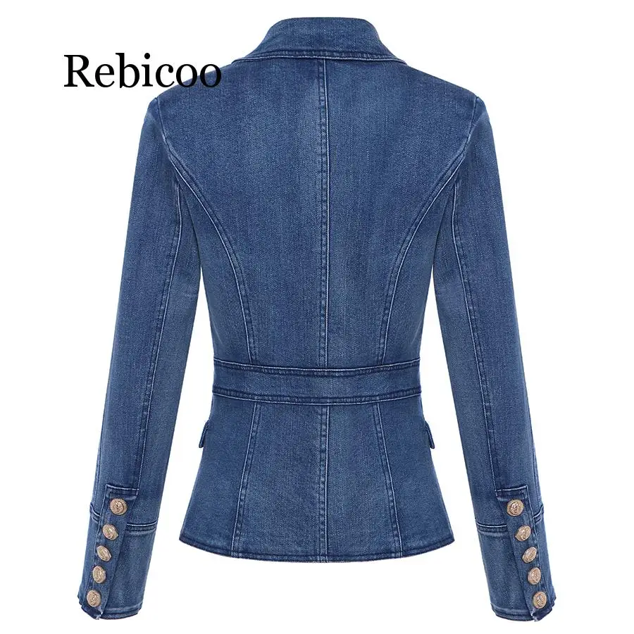 Rebicoo HIGH QUALITY New Fashion 2019 Designer Blazer Women's Metal Lion Buttons Double Breasted Denim Blazer Jacket Outer Coat