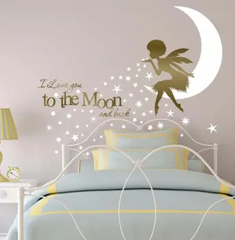 

African Fairy Wall Sticker I Love You to the Moon Nursery Fairy Wall Decal Kids Bedroom Decor Afro Girl Fairy Wall Art AY0153