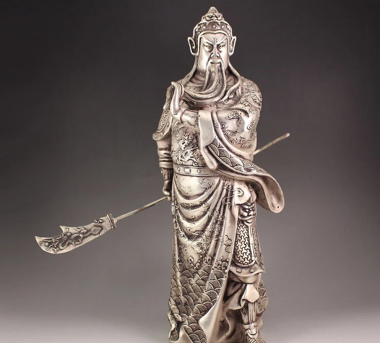 

Chinese White Copper Silver Dragon Guan Gong Guan Yu Hold Sword Warrior Buddha a 0518