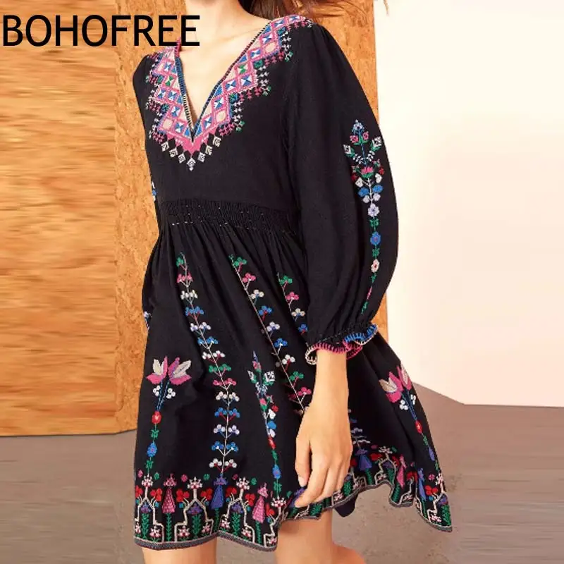 

BOHOFREE Plus Size Florl Embroidery Dress V Neck 3/4 Sleeve Loose Casual Vestidos Femme Female Embroidered Bohemian Short Dress