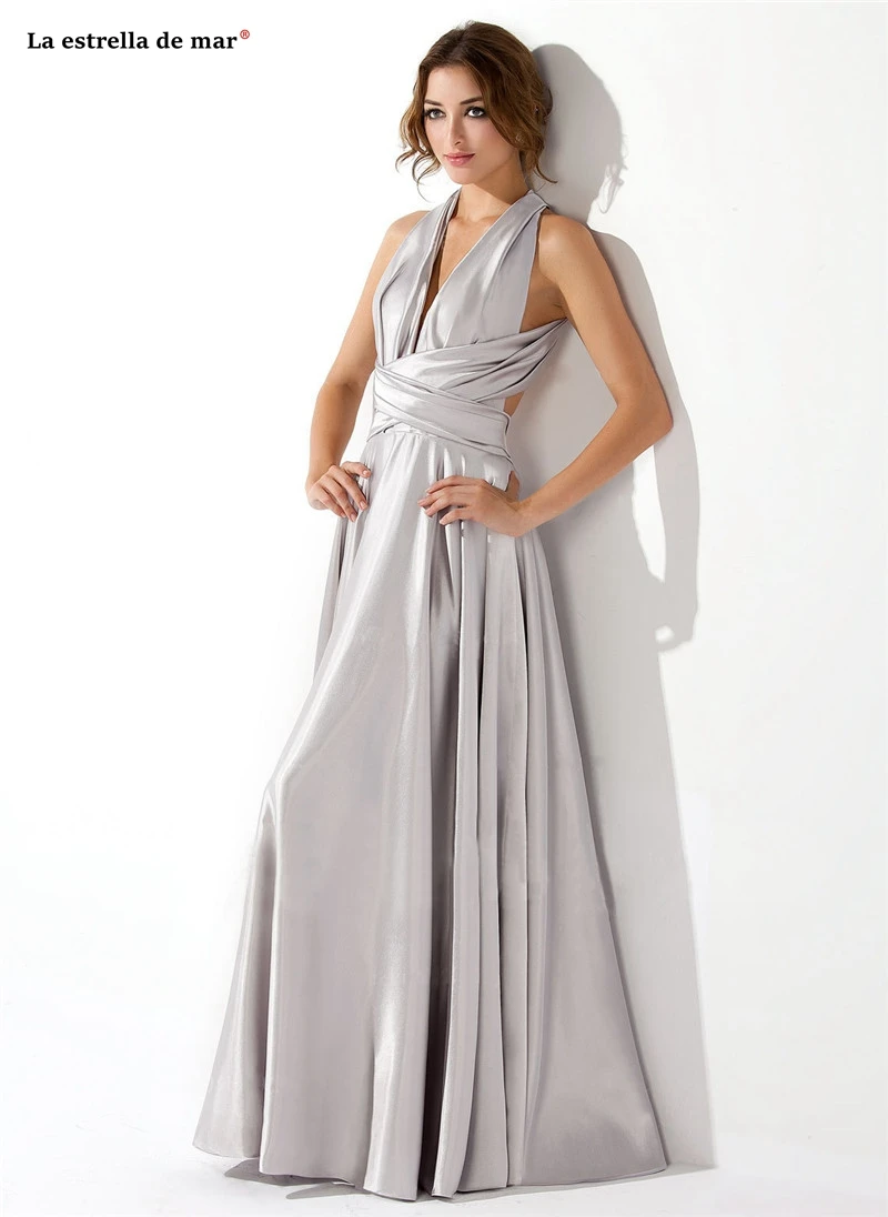 Vestido boda mujer invitada Новое атласное сексуальное платье с v-образным вырезом Серебряное платье-трансформер для подружки невесты длинное свадебное платье