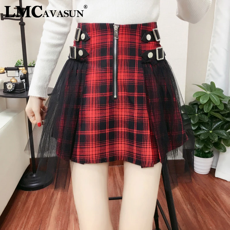 

LMCAVASUN Autumn Women Skirt Gothic Vintage Plaid Mesh Patchwork High Waist Mini Skirt Punk Lolita Female Plus Size Skirts