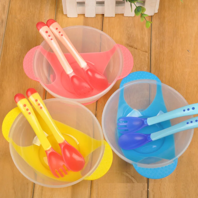 

Baby Learning Dish with Bowl Set Including Spoon Fork PP Temperature Sensing Baby Feeding Bowl Spoon Children's Tableware
