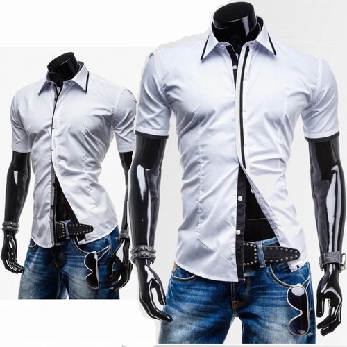 Dress men clothing! brand 2015 slim shirts short sleeve patchwork design casual turn down collar cotton dress | Мужская одежда