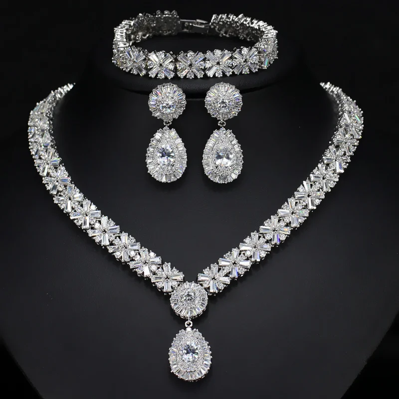 Ad Cubic Zirconia Necklace With Long Earring Stud White Cz Gold Color