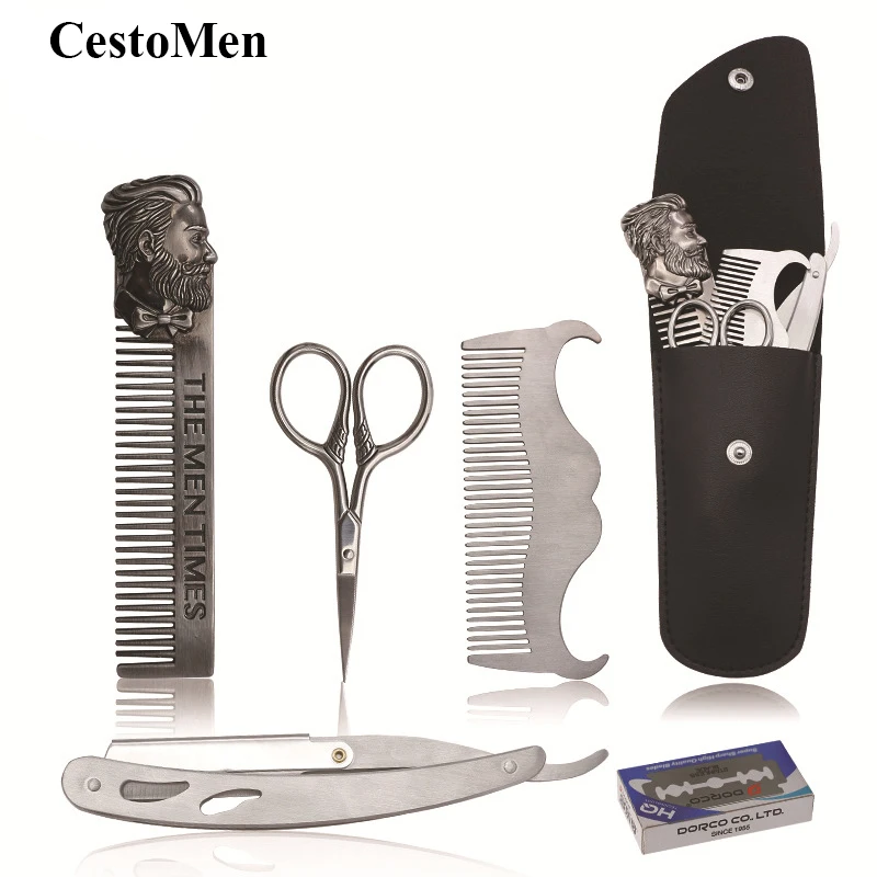 

CestoMen Barber Shaving Razor Trimming Scissors And Beard Care Comb Set With PU Pouch Professional Beard Grooming Kit For Men