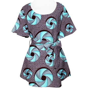 

African Clothing for Women Blue Short Sleeved Batwing Traditional Costume Wax Print Ankara Top with Belt Maternity African Top