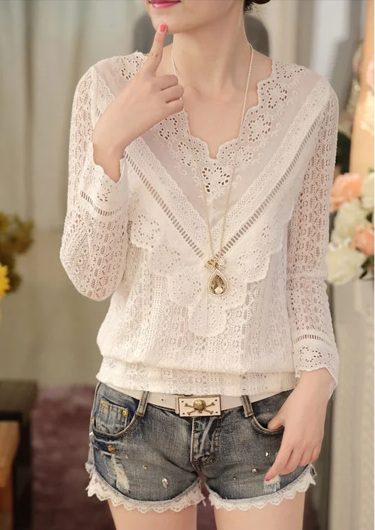 MSSNNG 2018 hot sale new arrival Spring and autumn Korean fashion women blouse V neck long sleeve slim lace female shirt  (8)