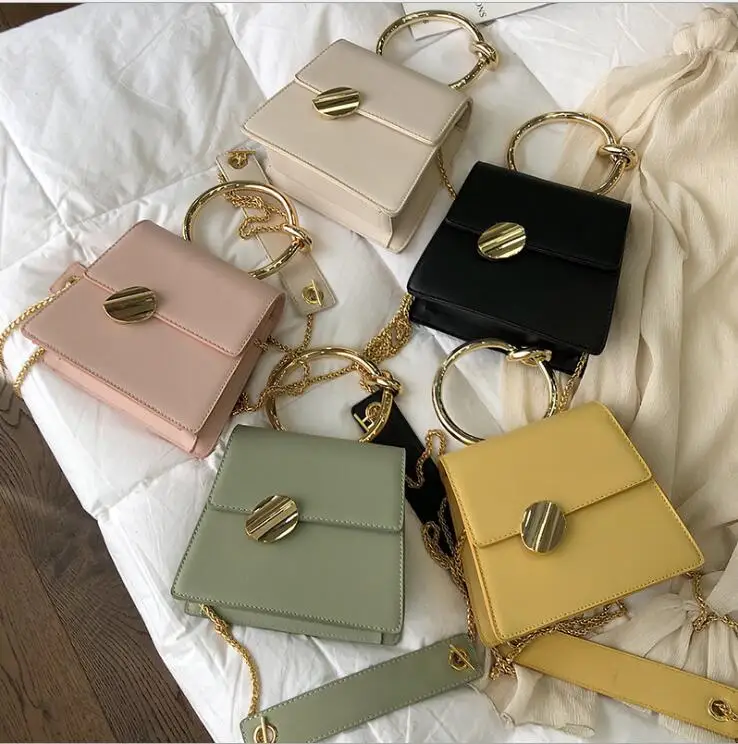 

Ring handle Pure Color Fashion Women Handbag Buckle Small Tote Bag Lady Chain Luxury Designer Crossbody Messenger Bags