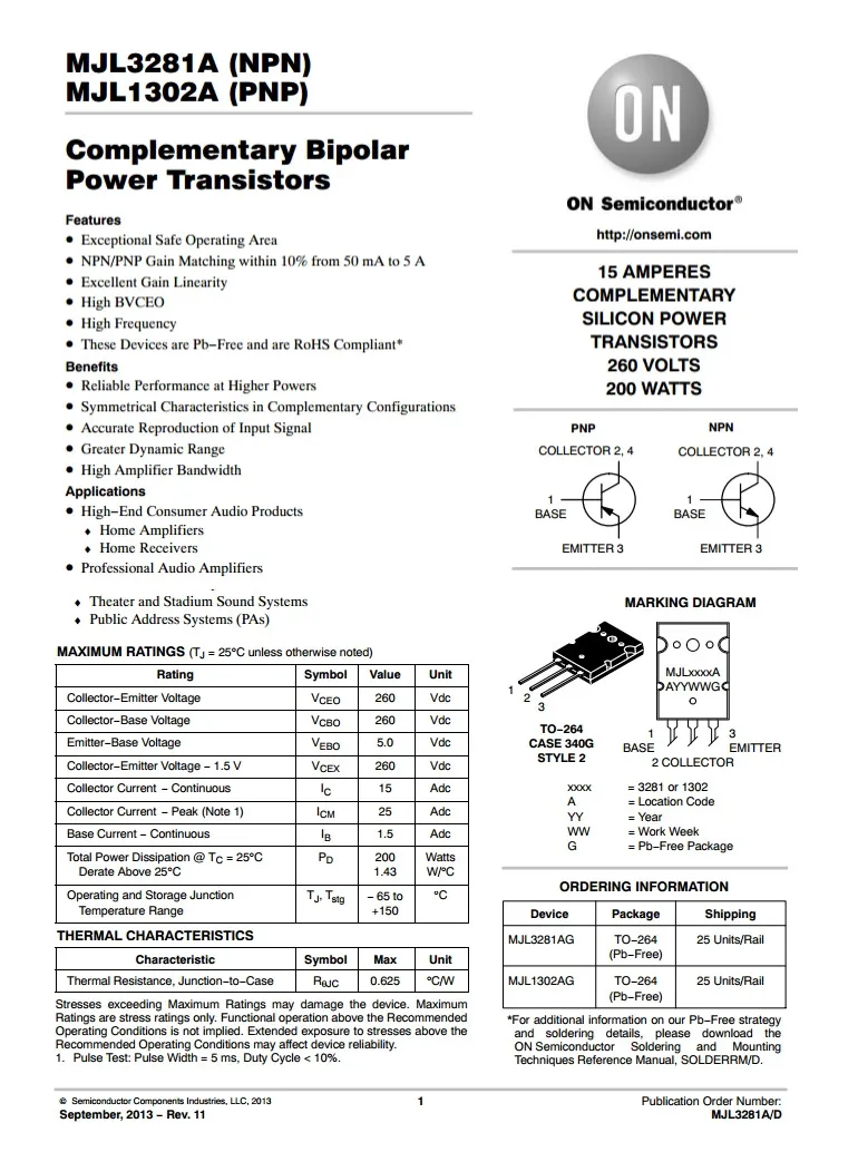 MJL1302A MJL3281A Триод 260 В 15A 200 Вт кремния мощность биполярные транзисторы MJL1302 MJL3281 HIFI аудио усилитель