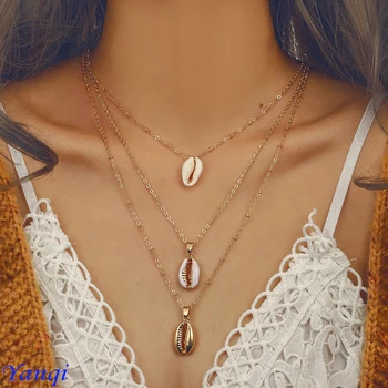 

Natural alloy gold-edged shell three-layer Pendant Necklace Charm Shell Chokers Necklace Boho Shell womens necklaces jewelry