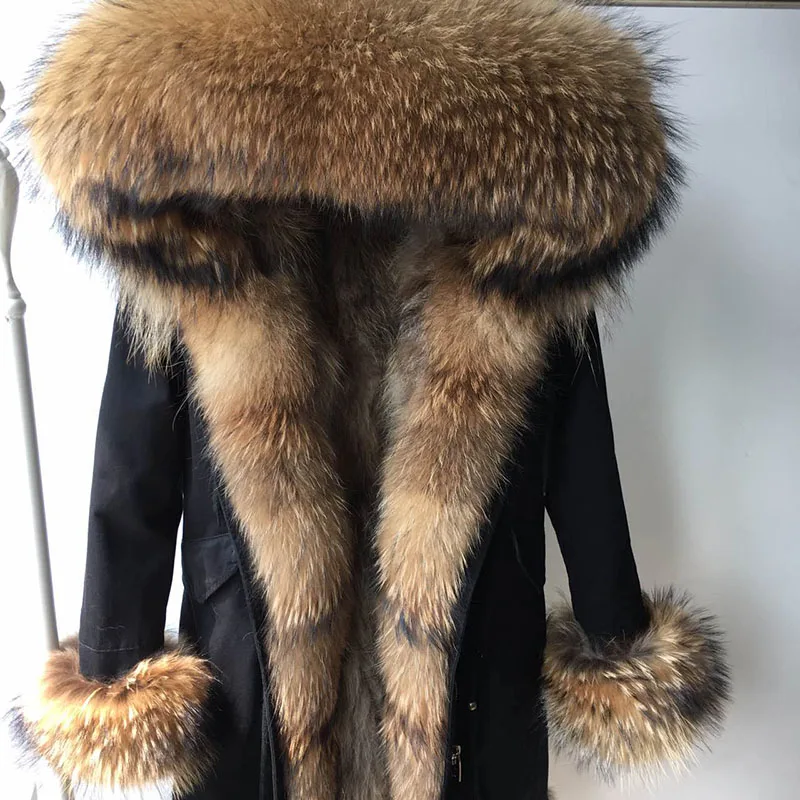 Maomaokong натуральным лисьим мехом пальто зимняя куртка Для женщин Длинная парка натуральный мех енота меховой воротник капюшон толстый теплый натуральный мех вкладыш парки