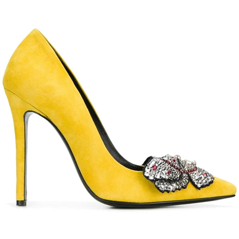 Новинка года; туфли на высоком каблуке с острым носком, украшенные кристаллами; женские туфли-лодочки на шпильке из желтой замши с бантом; модные женские туфли под свадебное платье для вечеринки - Цвет: Цвет: желтый