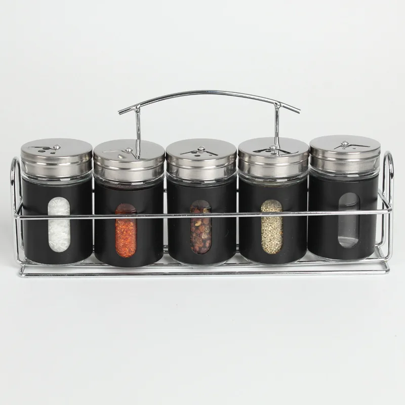 5PCs Glass Seasoning Bottle + 1 Rack Stainless Steel Rotary Cover