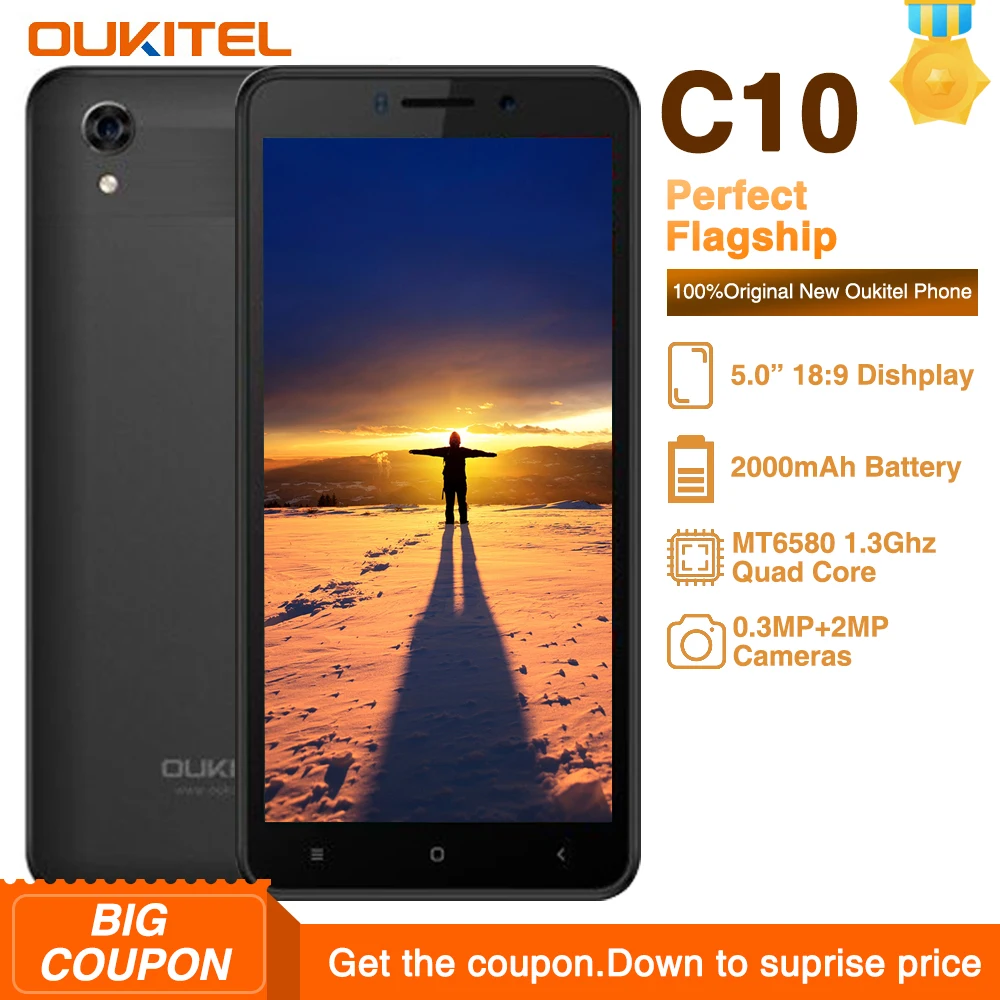 Oukitel C10 5,0 дюймов 18:9 Дисплей мобильного телефона MTK6580 4 ядра 1,3 ГГц две sim-карты 2000 мАч Android 8,1 3MP + 2MP Камера смартфон